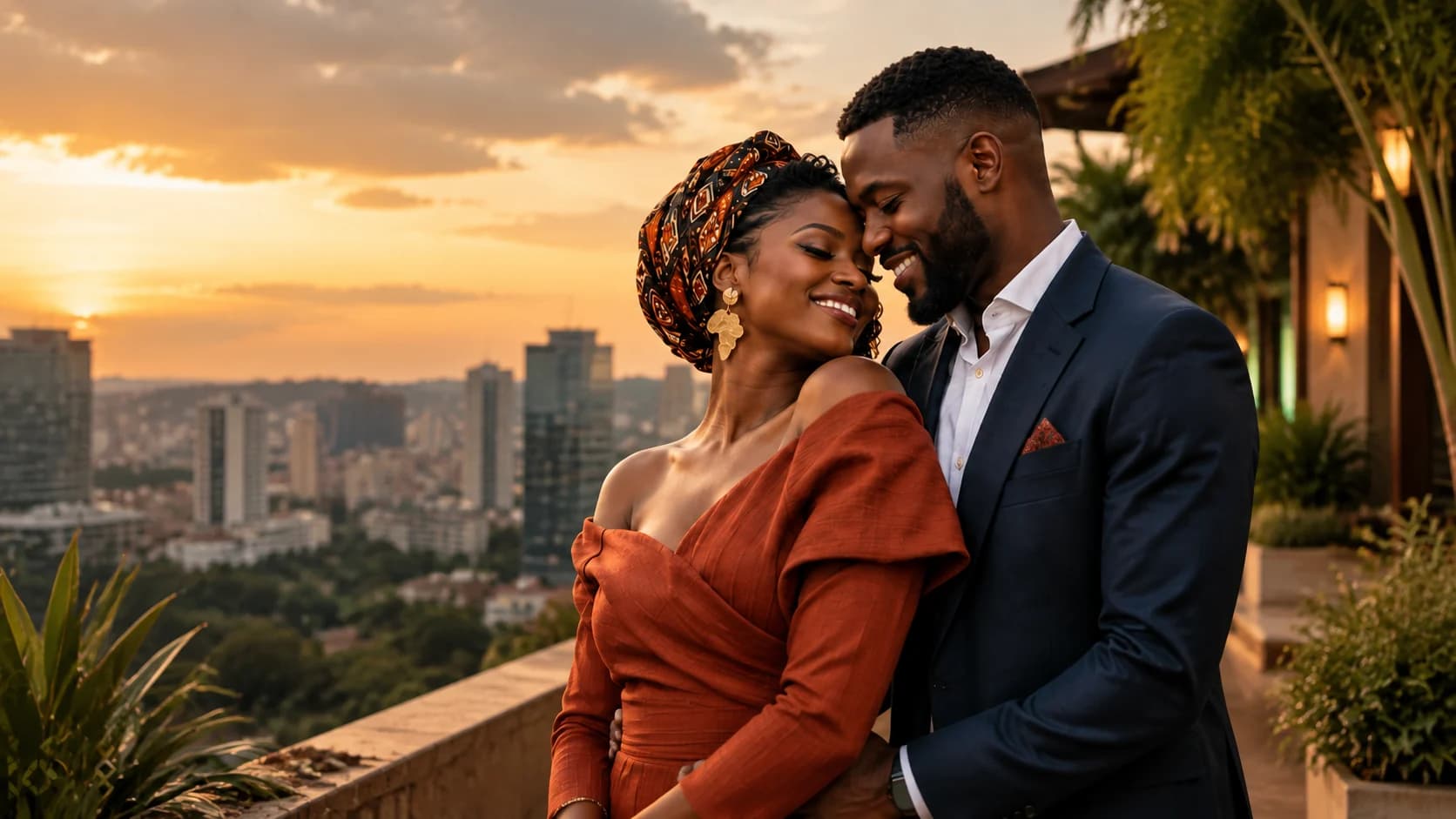 Couple africain élégant partageant un moment complice sur une terrasse urbaine